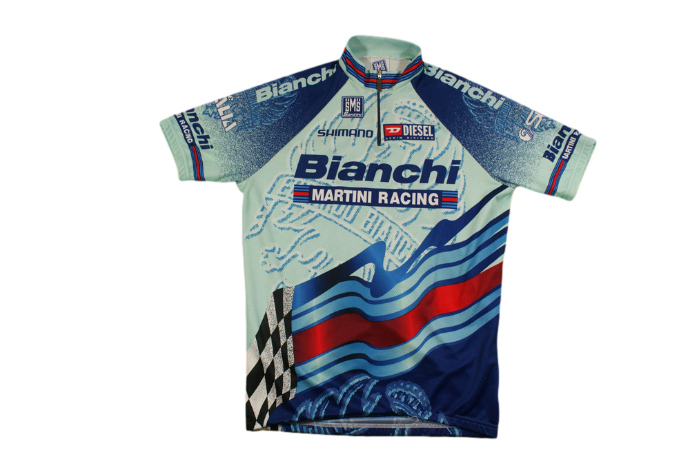 Maillot vélo vintage Santini Bianchi Martini Racing Diesel Shimano