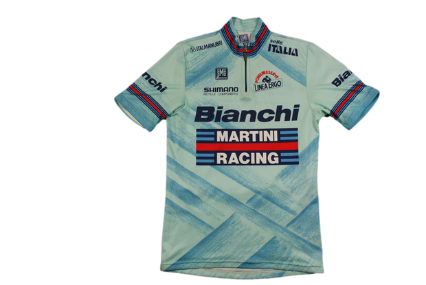 Maillot vélo vintage Santini Bianchi Martini Racing Italmanubri Linea Ergo Shimano