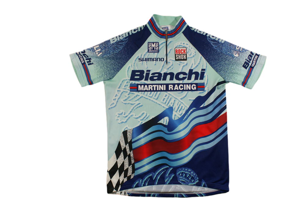 Maillot cyclisme rétro Santini Bianchi Rock Shox Shimano Selle Italia Martini Racing