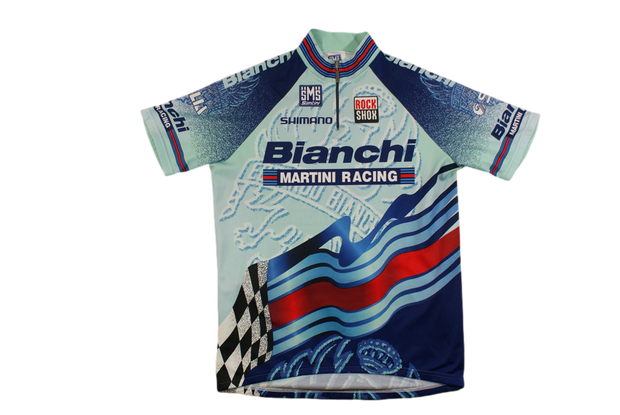 Maillot cyclisme rétro Santini Bianchi Rock Shox Shimano Selle Italia Martini Racing