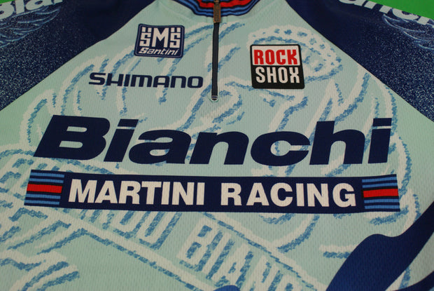 Maillot cyclisme rétro Santini Bianchi Rock Shox Shimano Selle Italia Martini Racing