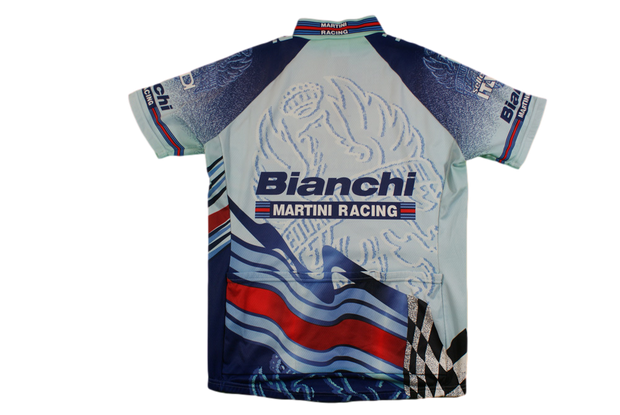 Maillot cyclisme rétro Santini Bianchi Rock Shox Shimano Selle Italia Martini Racing