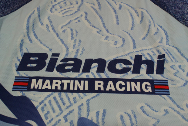 Maillot cyclisme rétro Santini Bianchi Rock Shox Shimano Selle Italia Martini Racing