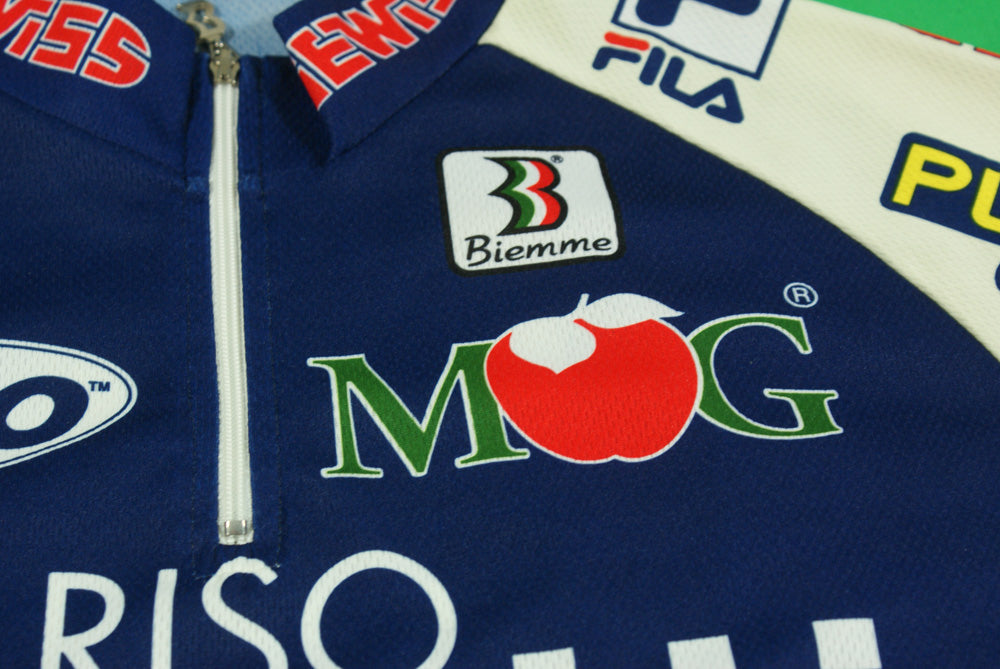 C - Maillot Cycliste Bleu Blanc Jaune Vert Riso Scotti Biemme