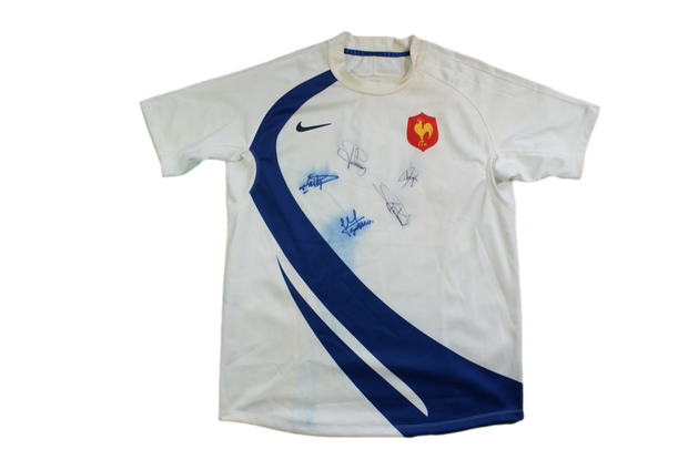 Maillot rugby rétro XV de France équipe de France Nike dédicacé