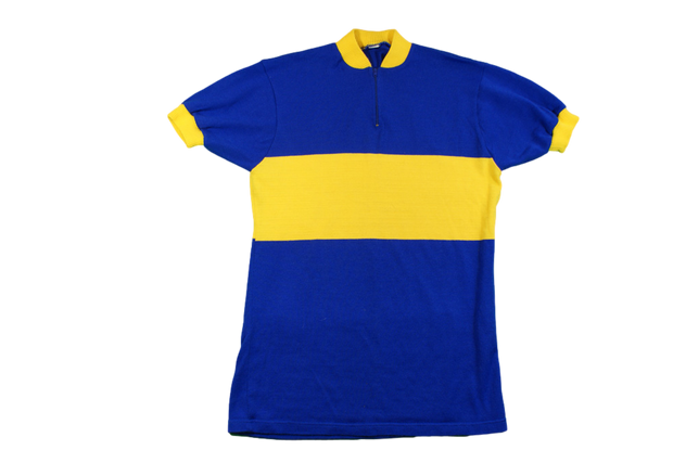 Maillot cyclisme vintage bleu et jaune manches courtes